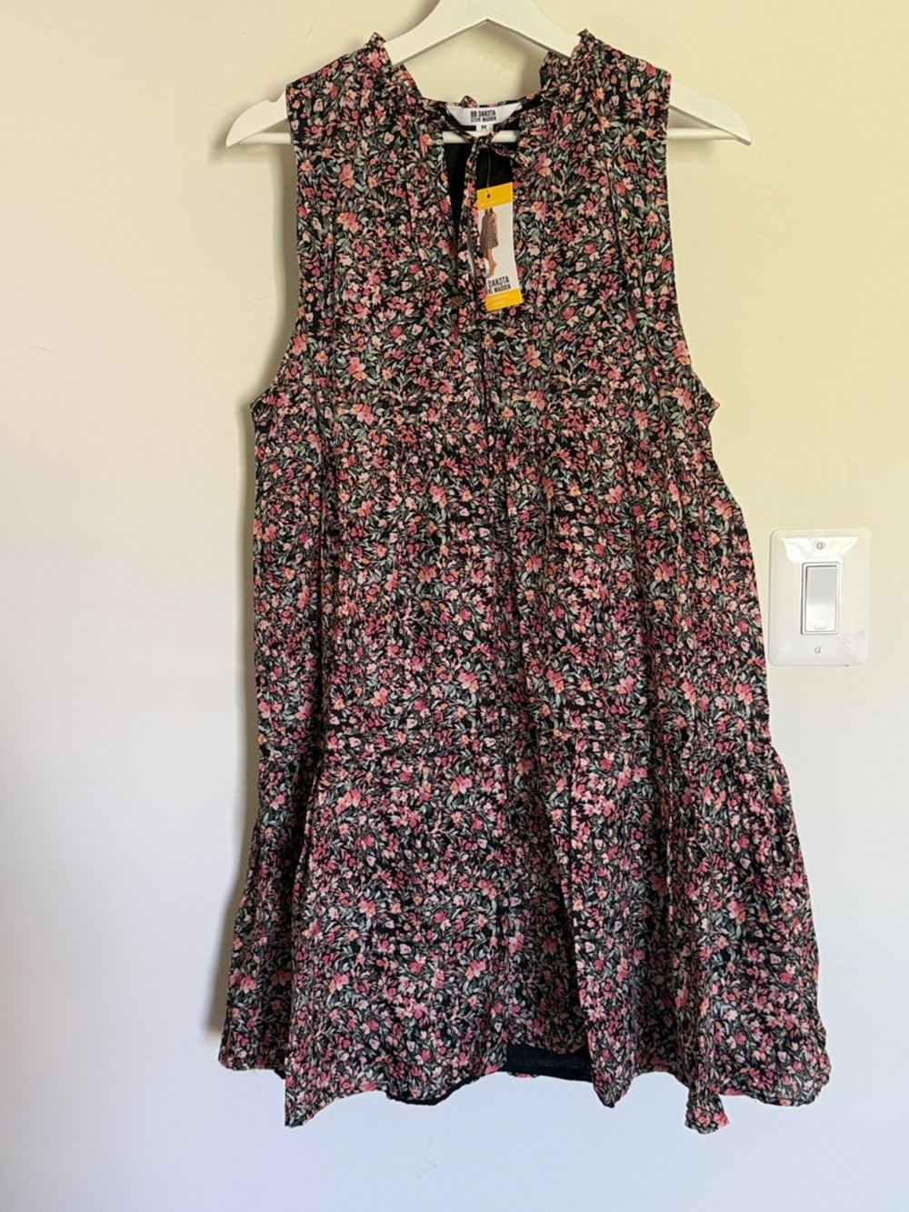 BB Dakota Floral Tie-Neck Tiered Dress - Black, Pink & Green